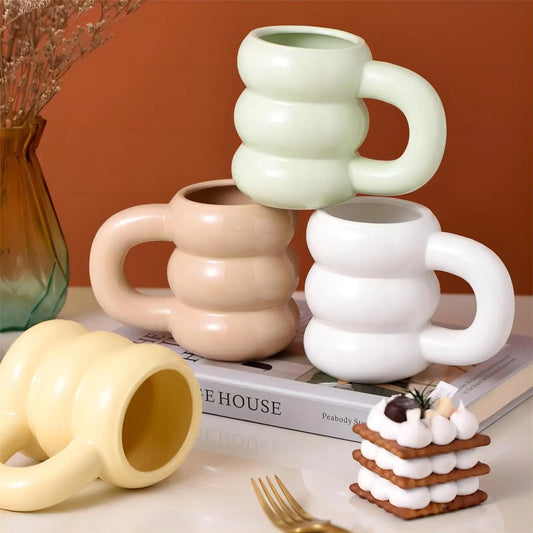 Cute Ceramic Mugs Coffee Cups Korea Kawaii Designer Circle Bubble Coffee Cups for Breakfast Milk Juice Tea Handle Cup 350ml