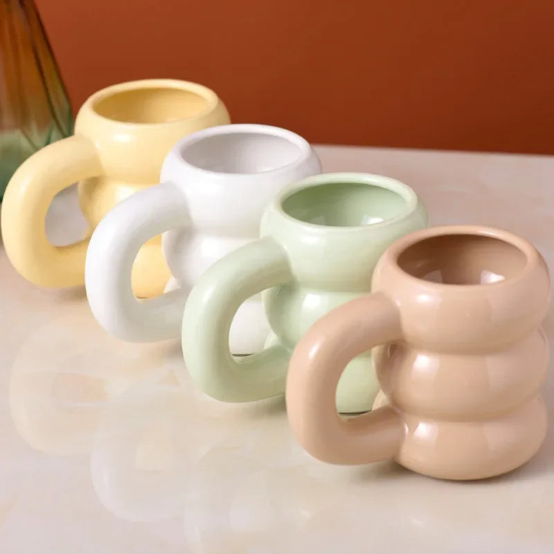 Cute Ceramic Mugs Coffee Cups Korea Kawaii Designer Circle Bubble Coffee Cups for Breakfast Milk Juice Tea Handle Cup 350ml