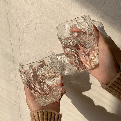 Ins Style Textured Glass Twist Cup Thickened Irregular Water Cup Juice Breakfast Cup Embossed Milk Cup Drinking Utensil Cute