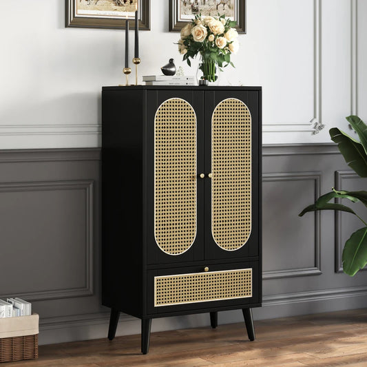 Rattan Sideboard (1.1m), Rattan Design, Black, 2 Doors, 1 Drawer, Highboard, Dining Cabinet, Bookshelf