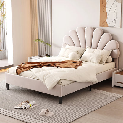 Upholstered bed double bed , bed frame with flower-shaped headboard and slatted frame, adult bed in skin-friendly velvet fabric