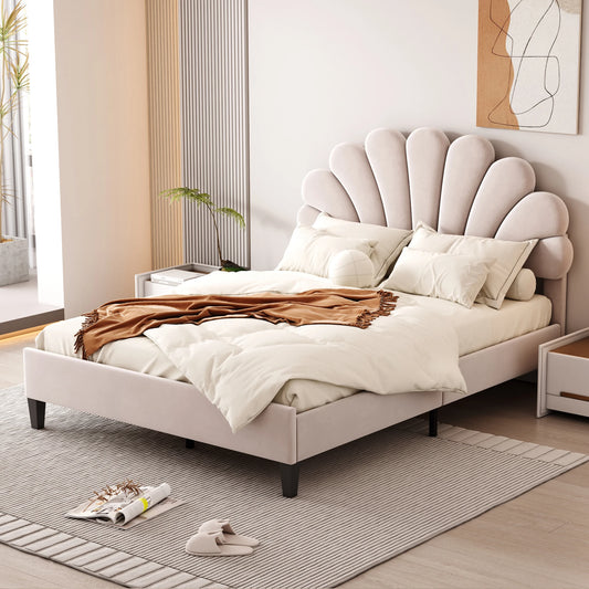 Upholstered bed double bed , bed frame with flower-shaped headboard and slatted frame, adult bed in skin-friendly velvet fabric